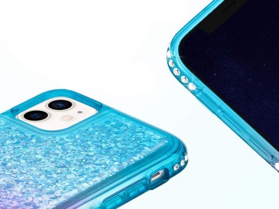 Diamond Liquid Glitter (fialovo-tyrkysov) - Ochrann kryt s tekutmi trblietkami na Apple iPhone 12 / 12 Pro