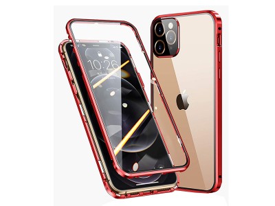 Magnetic Shield 360� Red (�erven�) - Magnetick� kryt s obojstrann�m sklom a s ochranou kamery na Apple iPhone 12 Pro