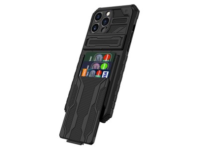 Armor Card Holder  Odoln ochrann kryt s vsuvnm driakom na karty a opierkou pre Apple iPhone 13 Pro Max (ierny)
