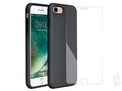 Set Obal Liquid Silicone Cover (ierny) + Ochrann sklo na Apple iPhone 7 / iPhone 8