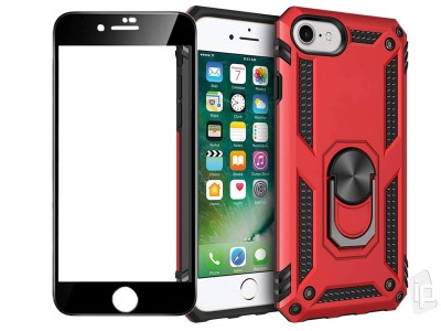 Set odolný obal Fusion Ring Armor (červený) + ochranné sklo (čierne) na displej na Apple iPhone 7 / 8 / SE 2020 / SE 2022