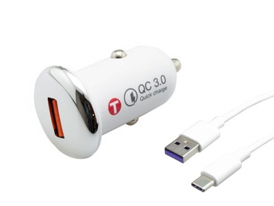 Autonabíjačka (18W) s 1x USB port a rýchlym nabíjaním Quick Charge 3.0 + Nabíjací kábel USB-USB-C (biela)