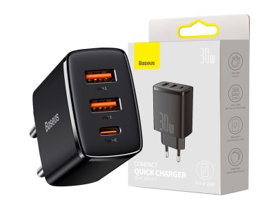 Baseus Compact Quick Charger (30W) – Nabíječka 2x USB 1x USB-C s podporou rýchleho nabíjania QC/PD (černá)