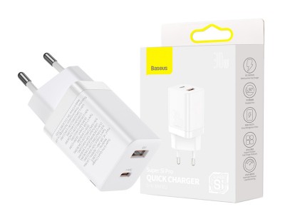 Baseus Super Si Pro (30W) – Nabíjací adaptér 1x USB 1x USB-C s podporou rýchleho nabíjania QC/PD (bílá)