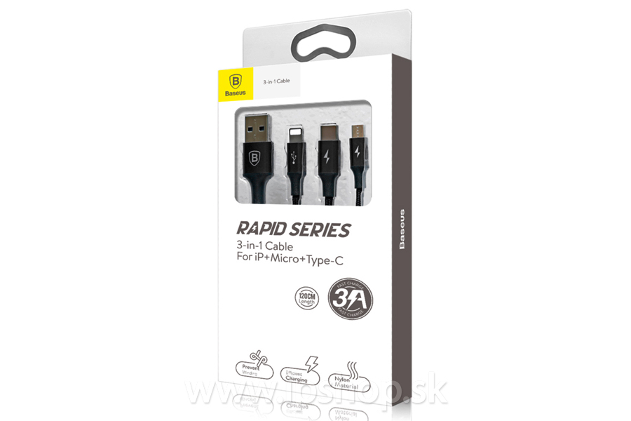 Baseus Rapid Series 3v1 (ierny) - Nabjac kbel USB - USB-C / Lightning / Micro USB (1,2m) **AKCIA!!