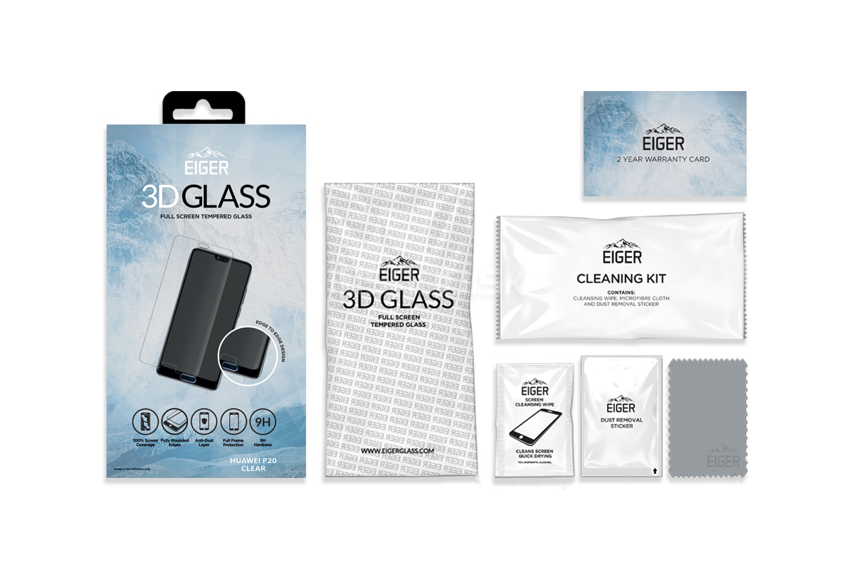 EIGER 3D Glass Full Screen - Temperovan tvrzen ochrann sklo na cel displej pro Huawei P20 - ir **VPREDAJ!!