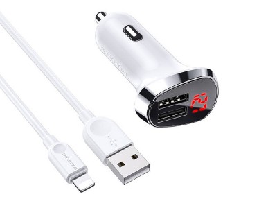 Borofone BZ15 (4.8A)  Autonabjaka s 2x USB port a LED displejom + Nabjac kbel Lightning (biela)