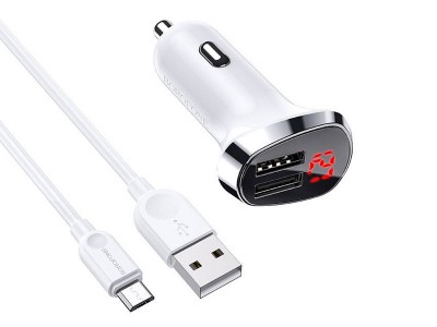 Borofone BZ15 (4.8A)  Autonabjaka s 2x USB port a LED displejom + Nabjac kbel Micro USB (biela)