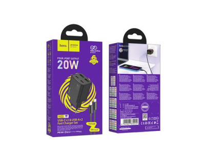 Sie�ov� nab�ja�ka Hoco 2 x USB C + 2 x USB A QC3.0 PD 3A 20W + USB C k�bel pre Lightning N55 Black