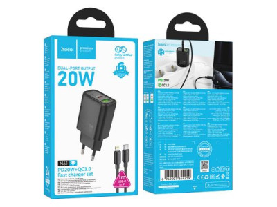 Sie�ov� nab�je�ka Hoco USB A+USB C QC3.0 PD 3A 20W + USB C kabel pro Lightning N61 Black