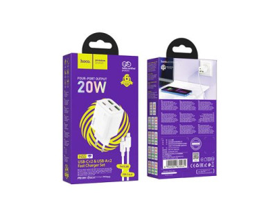 Sie�ov� nab�ja�ka pre Hoco 2 x USB C + 2 x USB A QC3.0 PD 3A 20W + USB C k�bel pre Lightning N55 White