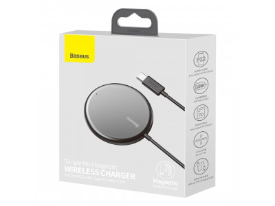 Baseus Simple Mini MagSafe wireless charger (15W)  Kompaktn bezdrtov nabjaka s Qi a MagSafe pre Apple 12/13/14/15 sriu (ierna)