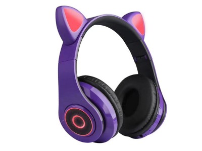 Cat Ears Headset – Bezdrôtové slúchadlá s mačacími ušami a viacfarebným LED podsvietením (fialové)