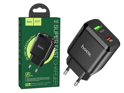 Hoco N5 (20W)  Nabjaka s 1x USB, 1x USB-C port a podporou rchleho nabjania QC3.0 / PD (ierna)