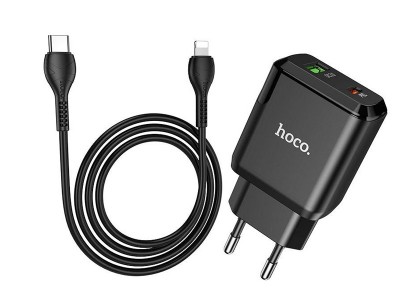 Hoco N5 (20W)  Nabjeka s 1x USB, 1x USB-C port a podporou rchleho nabjania QC3.0/PD + Nabjac kabel USB-C/Lightning (ern)