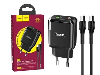 Hoco N5 (20W)  Nabjaka s 1x USB, 1x USB-C port a podporou rchleho nabjania QC3.0/PD + Nabjac kbel USB-C/USB-C (ierna)