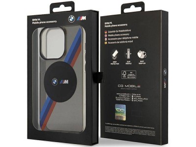 BMW Fashion Cover  Luxusn ochrann kryt pre IPHONE 14 PRO MAX Tricolor Stripes MagSafe (BMHMP14XHDTK) gray (ed)