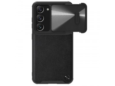 Nillkin CamShield Leather (čierna) – Plastový kryt v kombinácii s kožou a s posuvnou ochranou kamery pre Samsung Galaxy S23