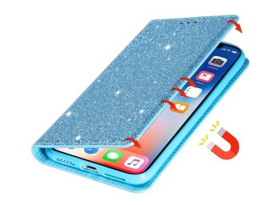 Magnet Shine � Glitrovan� magnetick� puzdro pre Huawei Y6P (tyrkysov�)