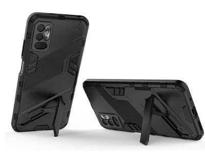 Hybrid Shield (ierny)  Ochrann kryt s ochranou kamery a vstavanou opierkou pre Xiaomi Redmi Note 10 (5G) / Poco M3 Pro (5G)