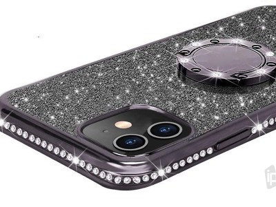 Diamond Glitter Ring (ierny) - Ochrann kryt (obal) s driakom na iPhone 12 mini