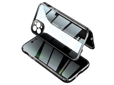 Magnetický kryt s obojstranným sklom, ochranou kamery a ochranou proti sledovaniu pre Apple iPhone 12 Pro (čierny)