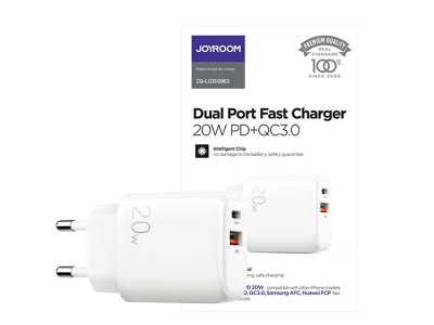 JOYROOM Charger 20W – Nabíjací adaptér USB/USB-C s podporou rýchleho nabíjania PD/QC 3.0 (biely)