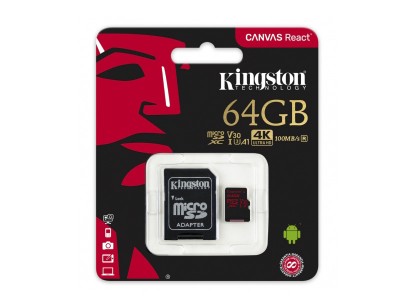 KINGSTON Canvas REACT Micro SDXC 64GB Class 10 UHS-I V30 + adaptr