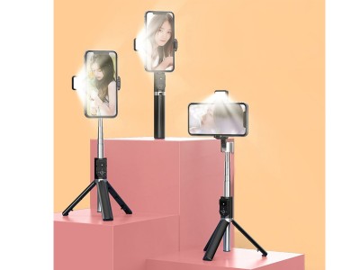 Proda PD-P70S-1 (ierna)  Bezdrtov selfie ty so statvom a LED lampou (max. dka 1m)