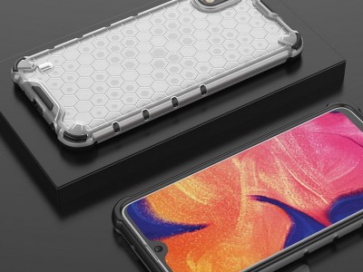 Set obal Honeycomb Hard Shell (priesvitn) + Ochrann sklo na displej pre Samsung Galaxy A10