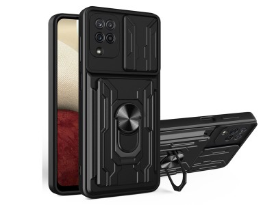 Armor Card Holder  Ochrann kryt s vsuvnm driakom na karty, opierkou a ochranou kamery pre Samsung Galaxy A12 / A12 5G (ierny) **AKCIA!!