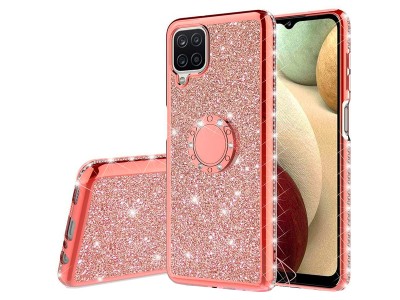 Diamond Glitter Ring (ružová) - Ochranný kryt (obal) s držiakom na Samsung Galaxy A12