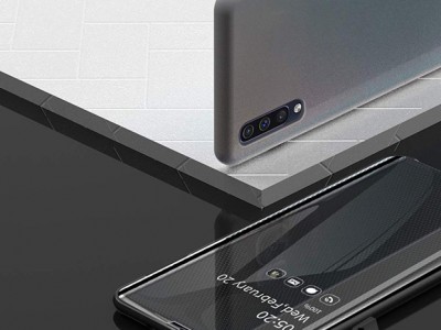 Mirror Flip Cover (ierne) - Zrkadlov puzdro pre Samsung Galaxy A70