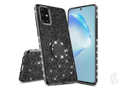 Diamond Glitter Ring (�ern�) - Ochrann� kryt (obal) s dr��kom na Samsung Galaxy A71