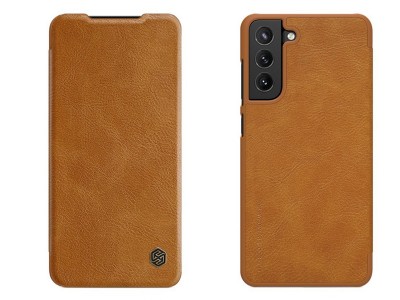 Nillkin QIN Case – Otváracie puzdro z ekologickej kože pre Samsung Galaxy S21 FE (hnedé)