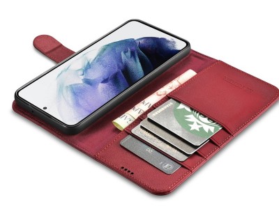 iCarer Haitang Leather Wallet  Luxusn peaenkov puzdro pre Samsung Galaxy S22 Ultra 5G (erven)
