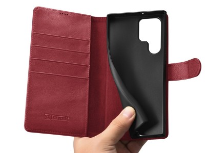 iCarer Haitang Leather Wallet  Luxusn peaenkov puzdro pre Samsung Galaxy S22 Ultra 5G (erven)