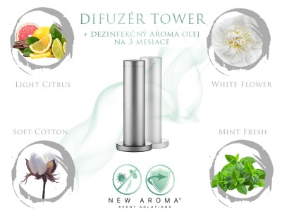 New Aroma Difuzér Tower Silver (strieborný) + Dezinfekčný aroma olej podľa výberu + Prenosný difuzér eMotion zdarma