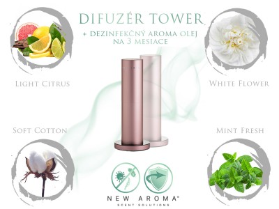 New Aroma Difuzr Tower Rose Gold (rovo-zlat) + Dezinfekn aroma olej poda vberu
